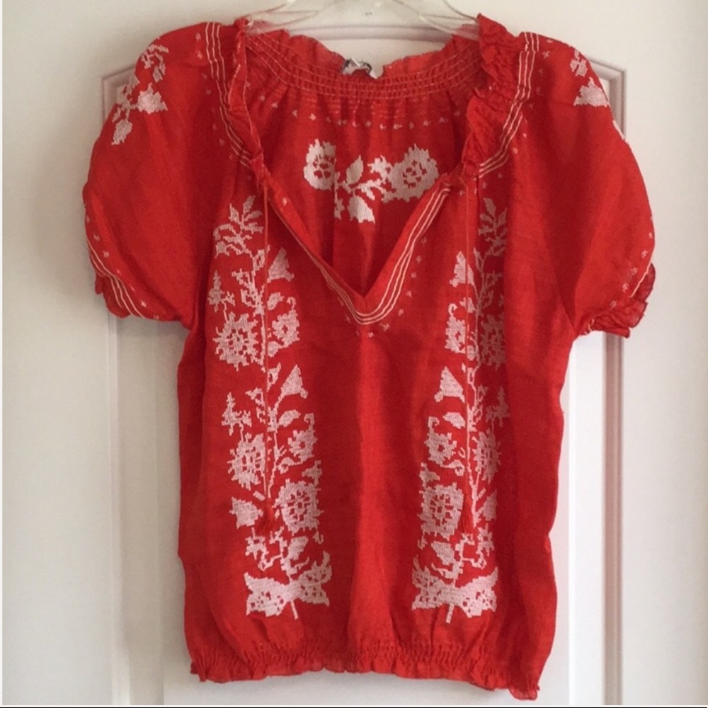 JOIE Harmony Red Silk Top Embroidered Blouse S